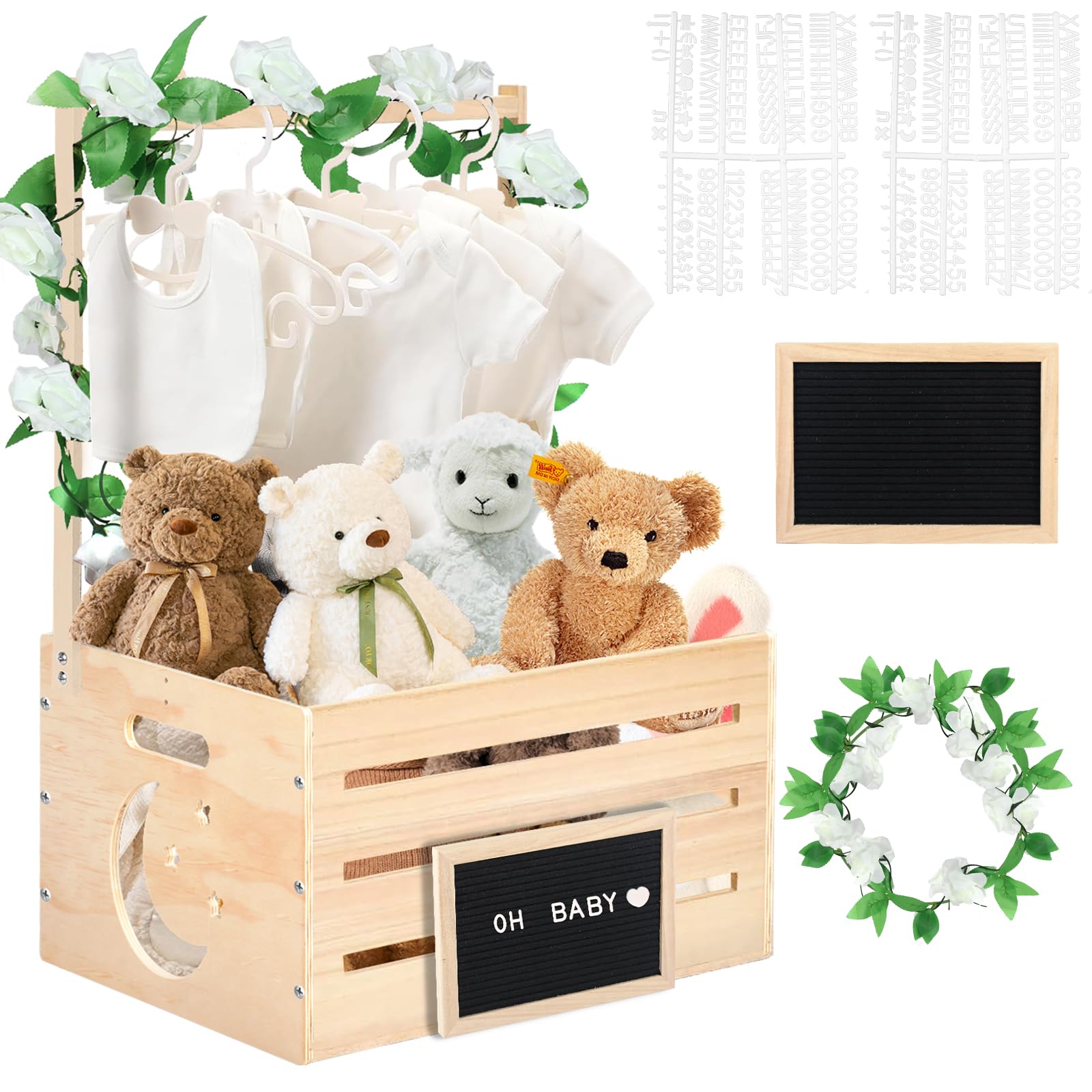 Regalo Baby Shower Armario Para Baby Shower Con 5 Perchas, Cesta De Madera Para Bebé Con Asa, Estante Decorativo Para Ropa De Bebé, Regalos Para Embarazo Regalos Para Baby Shower