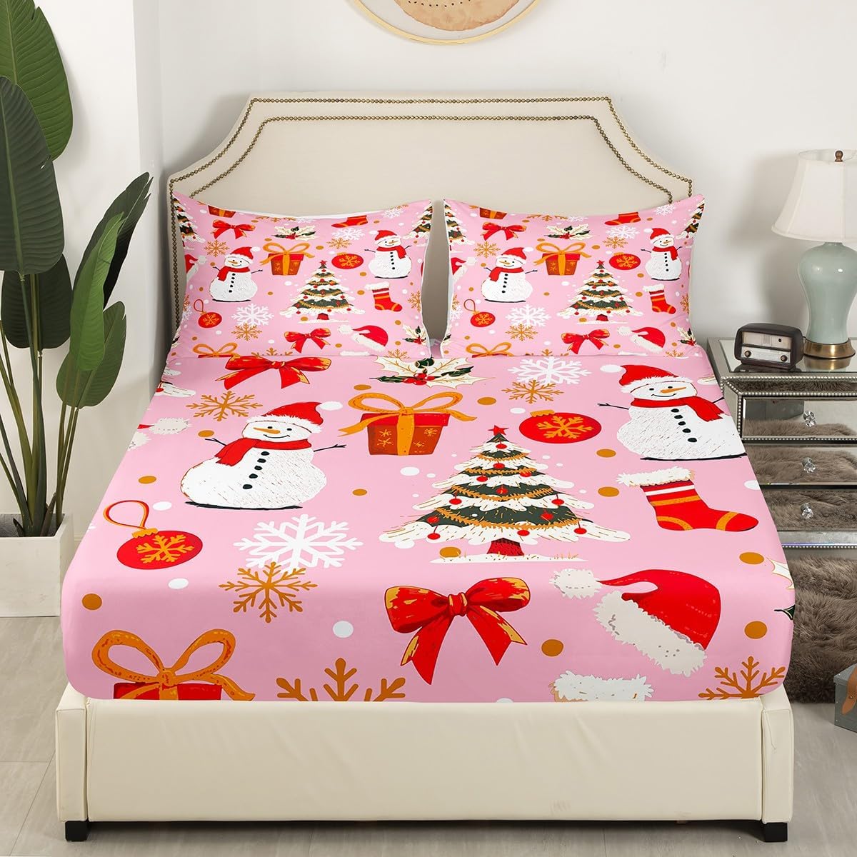 Pink Christmas Bed Sheets Kawaii Christmas Tree Sheet Set For Kids Boys Girls Winter Magic Snowflake Fitted Sheet Cute Snowman Flat Sheet With Xmas Hats Girly Christmas Ornaments Bedroom Decor,Queen