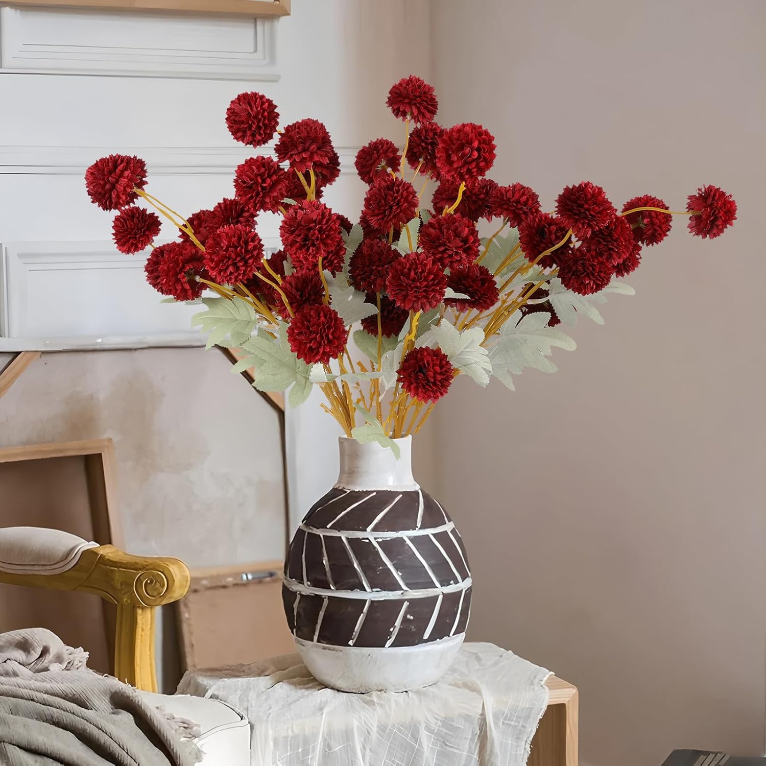 Hananona 12 Pcs Artificial Chrysanthemum Flowers, Red Kiku Pom Pom Mums Flower BurgundyFaux Floral Arrangements Wedding Centerpiece for Fall Autumn Home Kitchen Decor (12, Burgundy) - Image 6
