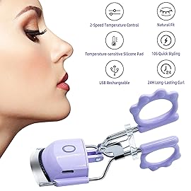 Pinkiou Heated Eyelash Curler for Women USB Rechargeable Lash Curler Long Lasting Ironing Electric Eyelash Curler with Silcone Pad Replacable Great Makeup Tools for Her(Purple)