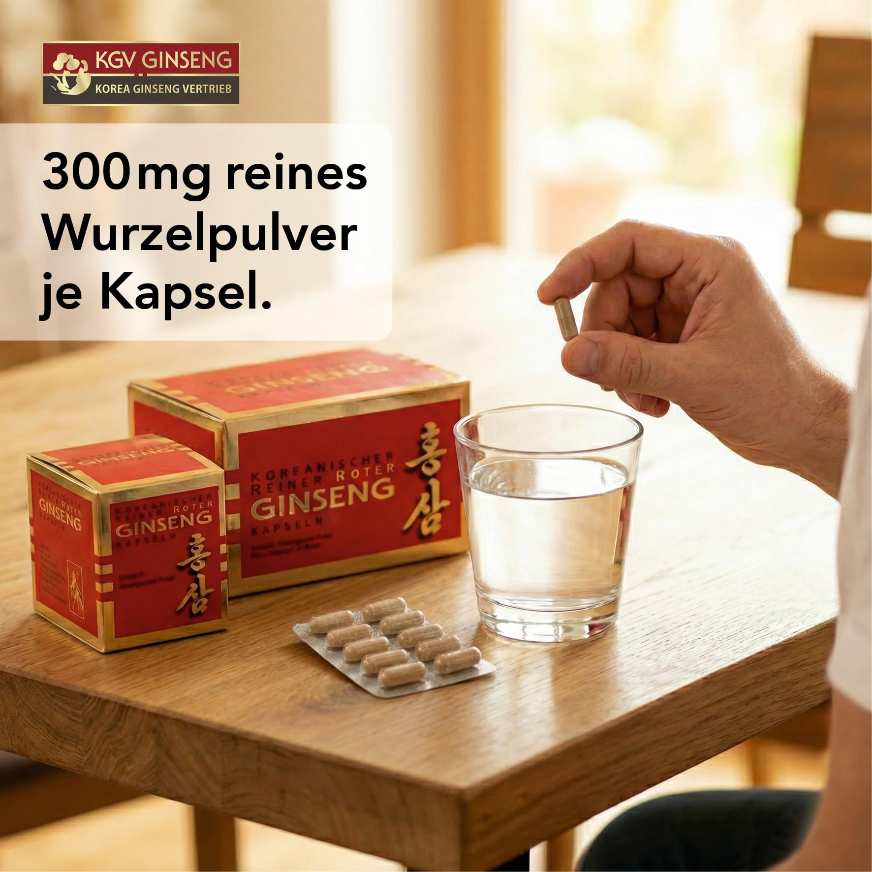 KGV Koreanischer Reiner Roter Ginseng, 100 Kapseln, je 300 mg Ginsengwurzel-Pulver, Arzneimittel mit 6-jährigem Panax Ginseng