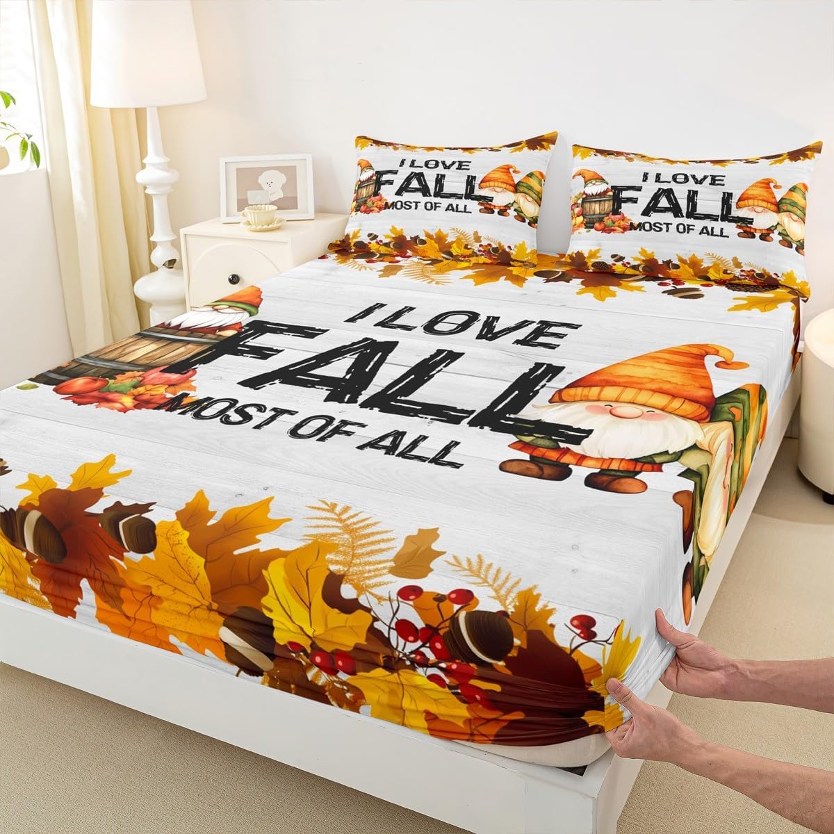 Gnomes Pumpkin Bed Sheets Rustic Farmhouse Fall Bed Sheet Set Queen Size Thanksgiving Harvest Season Sheet Set Maple Leaf Pinecone Decor Fitted Sheet Soft Lightweight Flat Sheet Bedroom Decor 4 Pcs