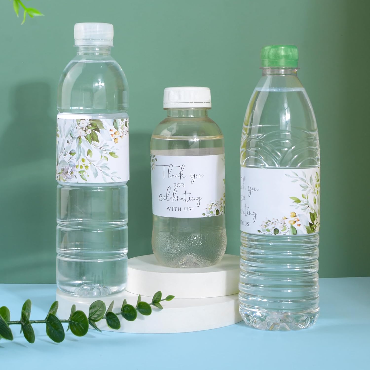 200Pcs Green Leaf Water Bottle Labels Thank You for Celebrating with Us Wraps Sticker Bottle Decor for Wedding Baby Shower（Style B）