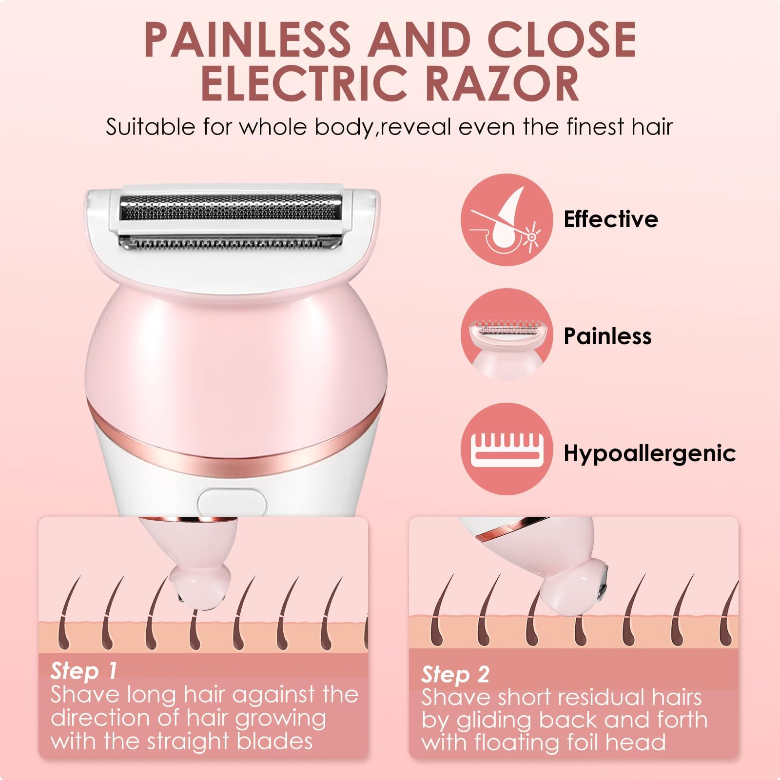 Epilatore Elettrico 6 in 1 Donna Viso Senza Fili - Display LED Ricaricabile Wet and Dry Con Spazzola Esfoliante, Pulizia e Testa Massaggio (Rosa)