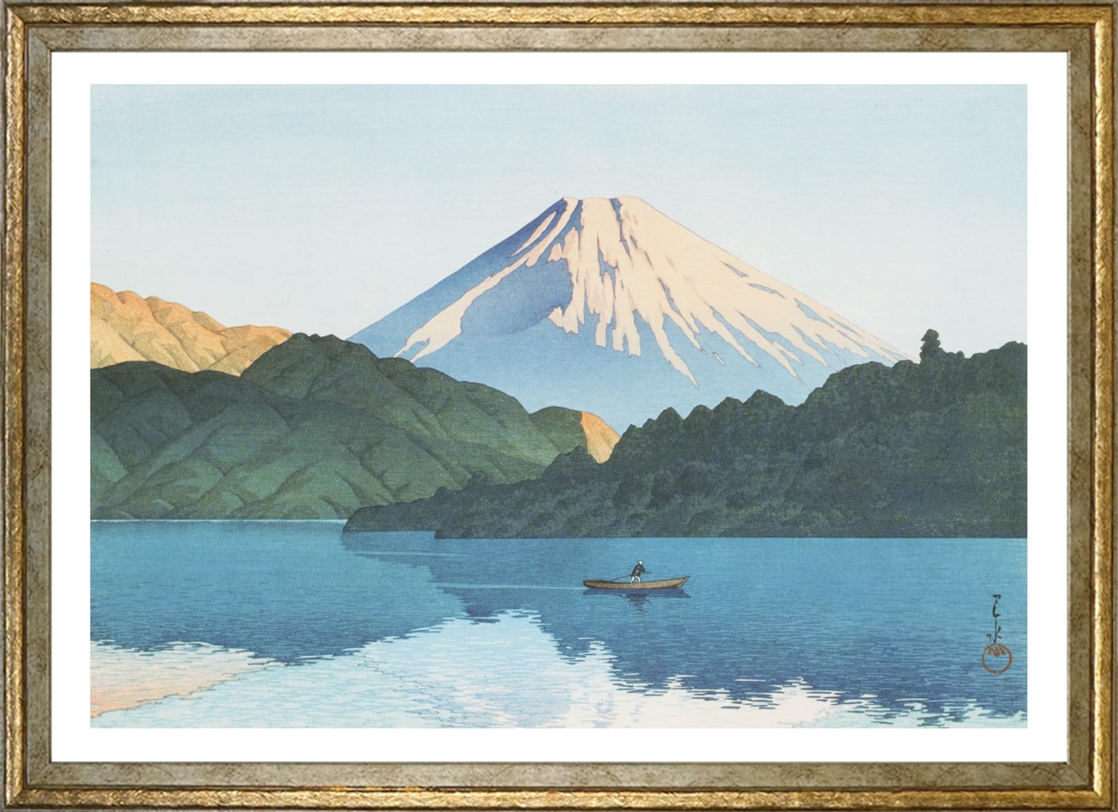 油彩画 山と湖の風景 金色フレーム付き Amazon.co.jp: ポスター A3サイズ 絵画 インテリア アートポスター