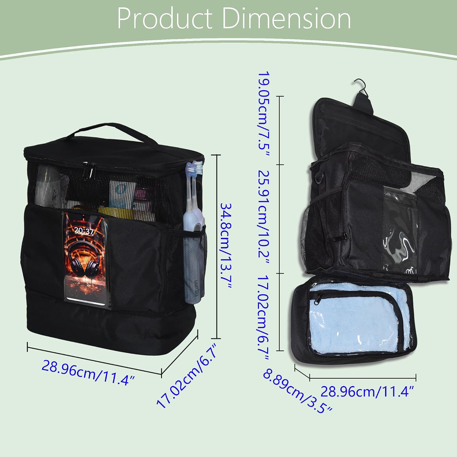 Large Mesh Shower Bag,Portable Shower Tote,Hanging Toiletry Bag for College Dorm, Bathrooms, Gyms, Travel, Camping, Swimming, and RVs(with straps) (Black)