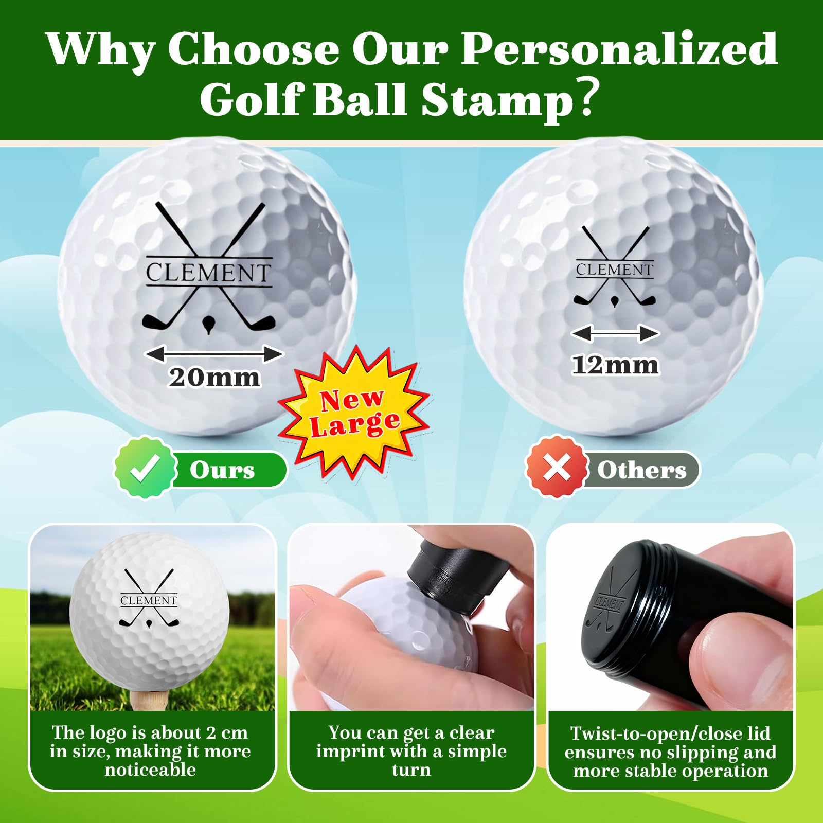 Personalisierter großer Golfball-Stempel, 20 mm Logo, mit Metall-Aufbewahrungskoffer, benutzerdefinierter Name oder Logo, wiederverwendbare Golfballmarkierung, Herren-Golfzubehör, Geschenke für