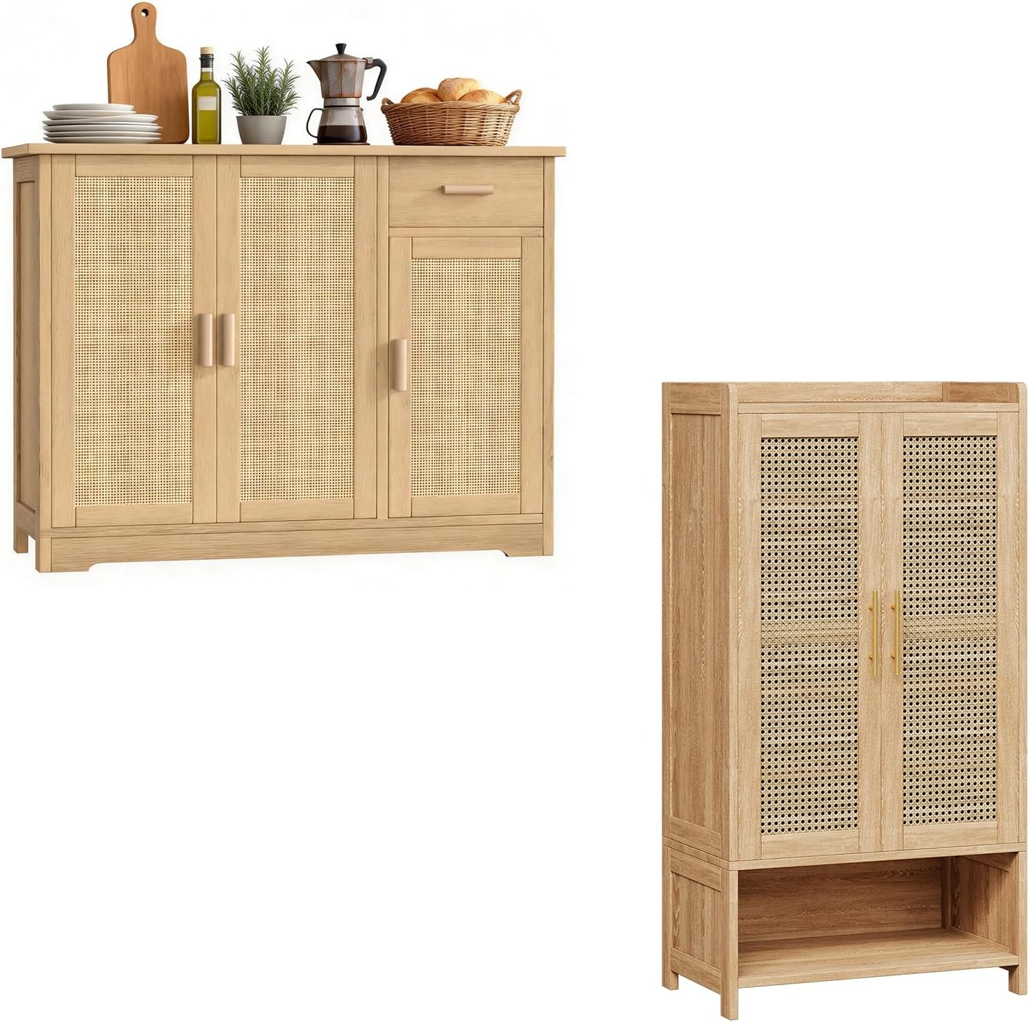 Buffet Cabinet with Storage, Rattan Storage Cabinet with 3 Doors & Drawer, Rattan Shoe Cabinet with 2 Doors, 6-Tier Shoe Storage Cabinet with 2 Adjustable Shelves & Wooden Legs