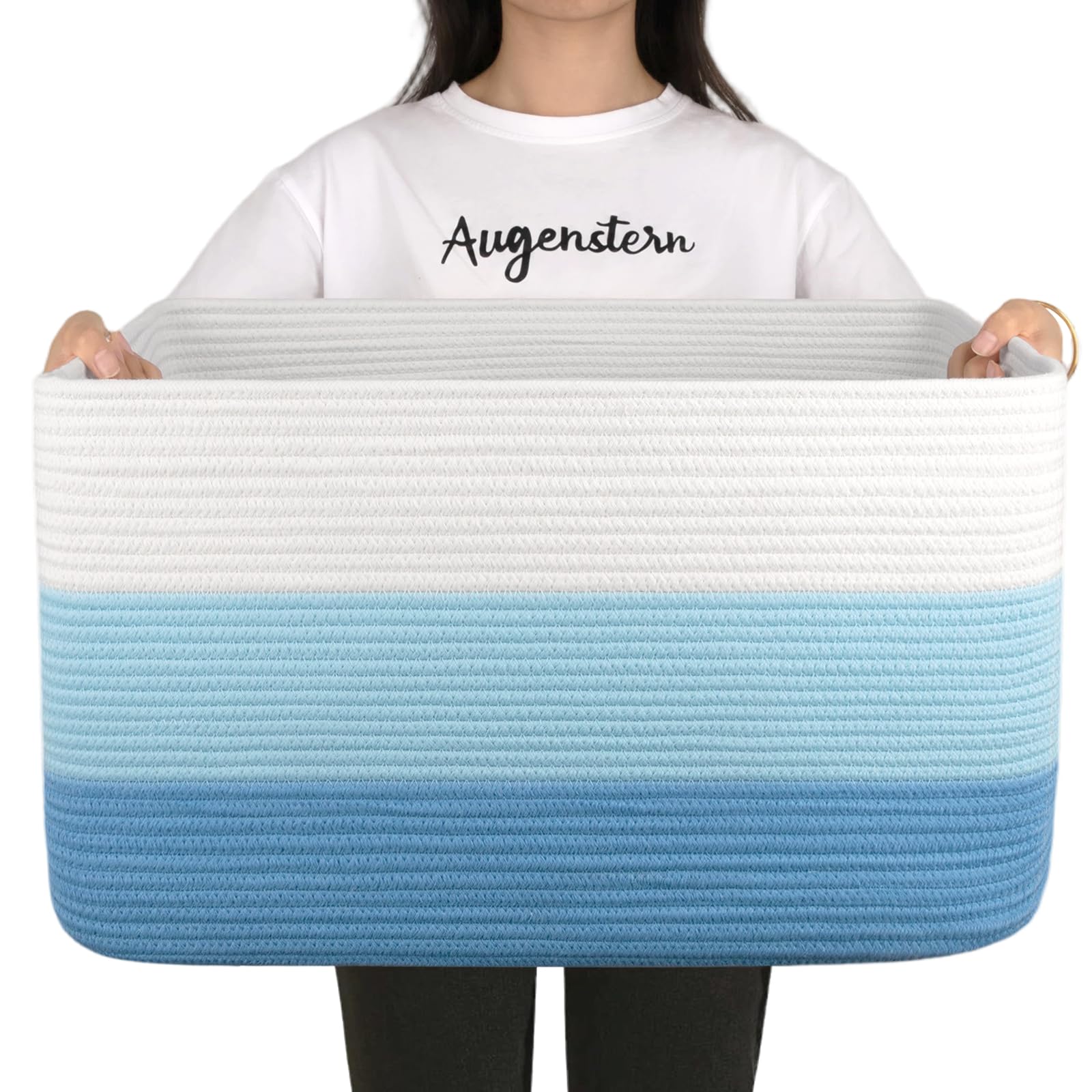Oiahomy Gradient Light Blue Large Blanket Basket, 22”X17”X12” Rectangle Woven Baskets, Nursery Blanket Storage Living Room, Toy Storage With Handle, Large Baskets For Organizing