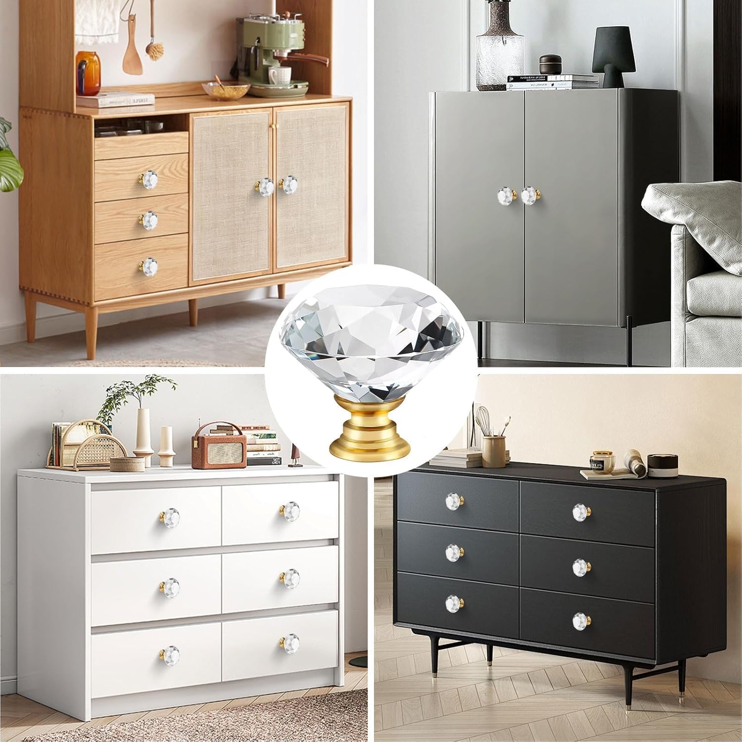 6pcs 30mm Crystal Glass Knobs Diamond Shaped Cabinet Knob with Gold Base for Dresser in Bathroom, Kitchen, Office ect.