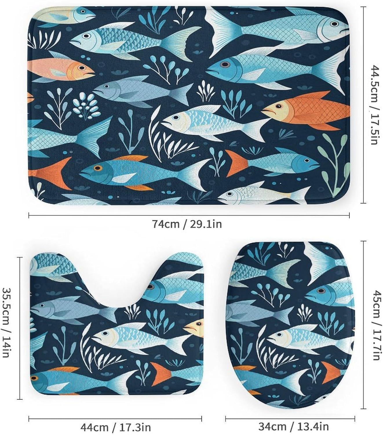Fishes Pattern 4Pcs Shower Curtain Set with Non-Slip Rugs, Toilet Lid Cover and Bath Mat,Bathroom Set Decor Accessories,Curtain Set with 12 Hooks, 72 X 72 Inch