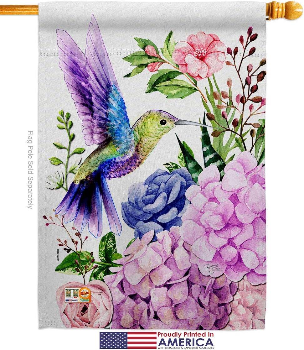 Purple Hummingbird House Flag Animals Bird Flamingo Cardinal Peacock Springtime Natural Wildlife Small Decorative Gift Yard Banner Made In USA 28 X 40