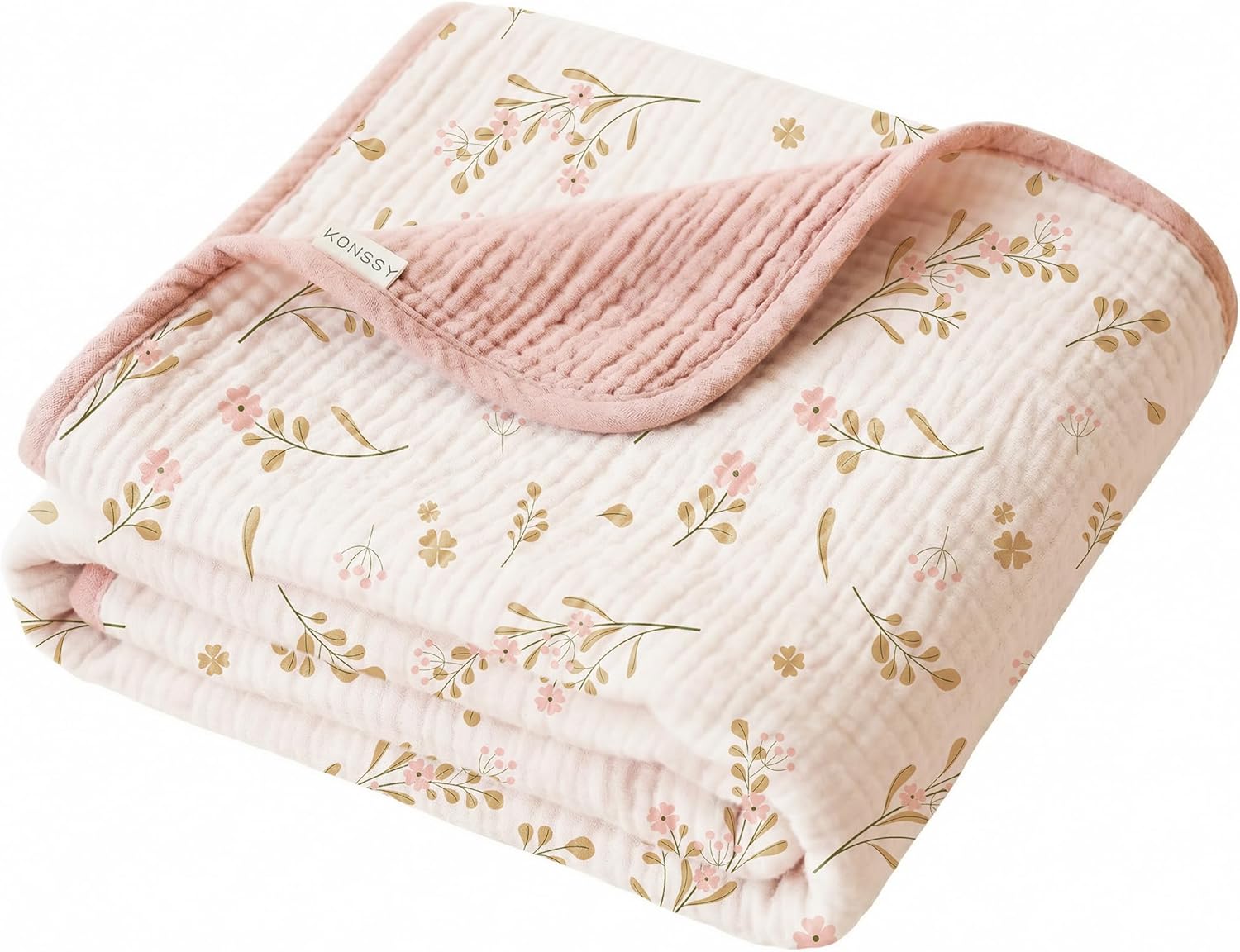 Konssy Muslin Baby Blankets for Girls Boys, 100% Cotton Crib Blanket for Infant Toddler, Super Soft and Lightweight Nursery Swaddling Wrap 40"x36" (Floral)