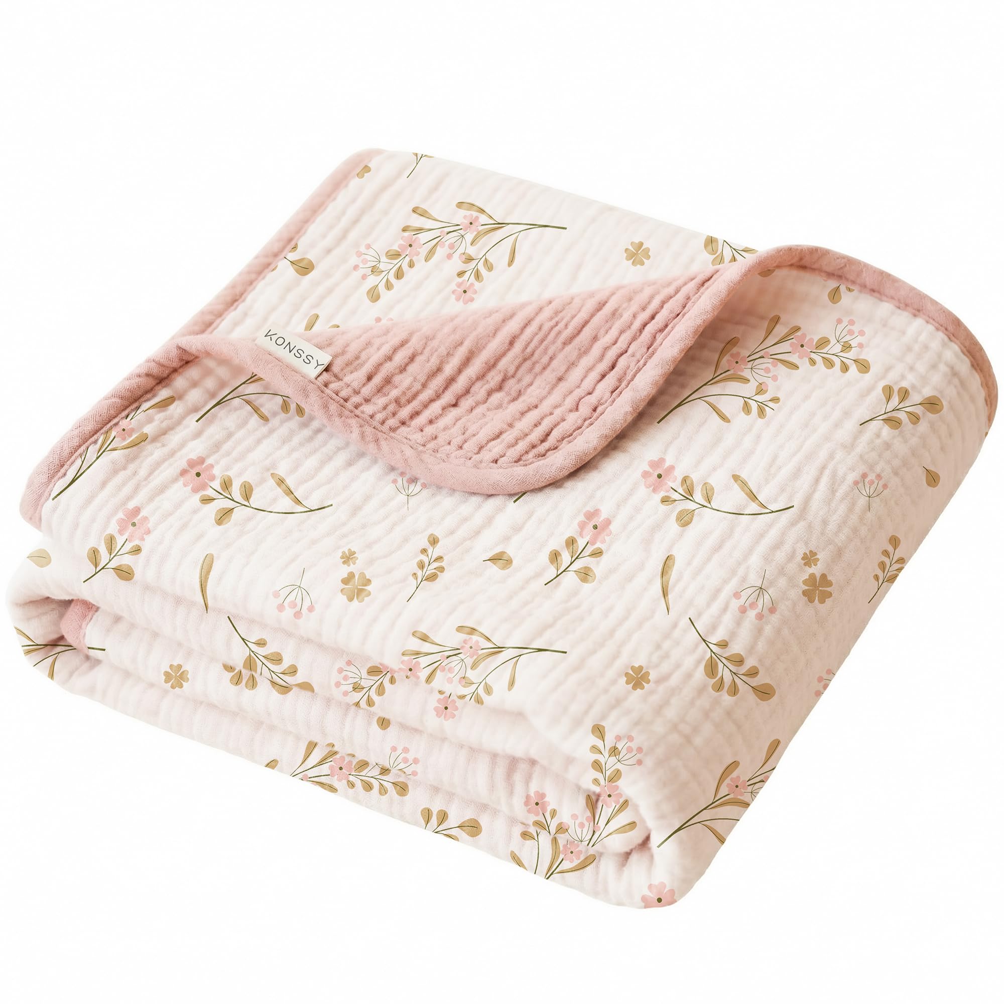 Konssy Muslin Baby Blankets for Girls Boys, 100% Cotton Crib Blanket for Infant Toddler, Super Soft and Lightweight Nursery Swaddling Wrap 40"x36" (Floral)