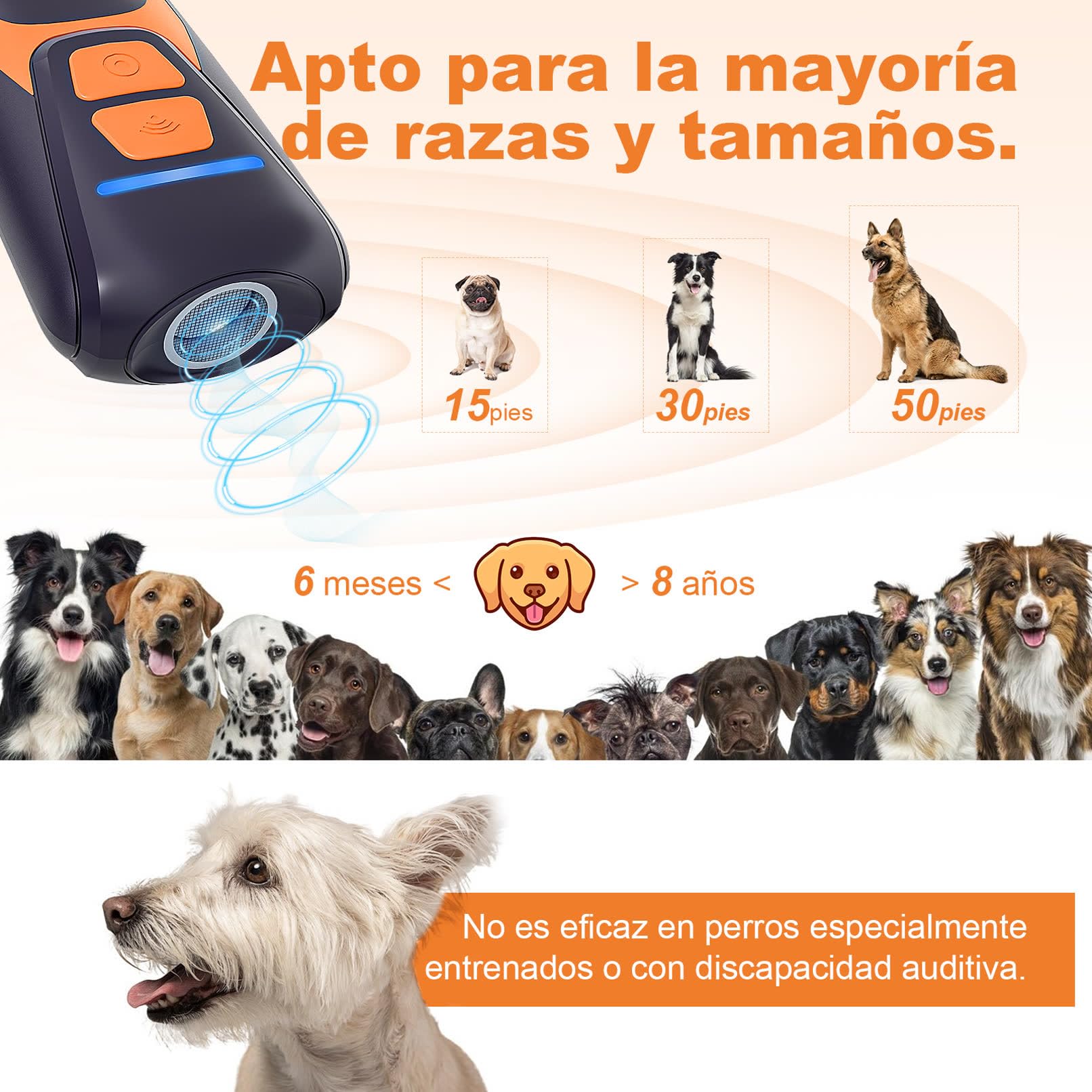 Antiladridos para Perros Ultrasonidos Dispositivo Antiladridos Ahuyentador de Perros Repelente Canino Portátil Recargable 15m Seguro y Humano Anti Ladridos Interior Exterior