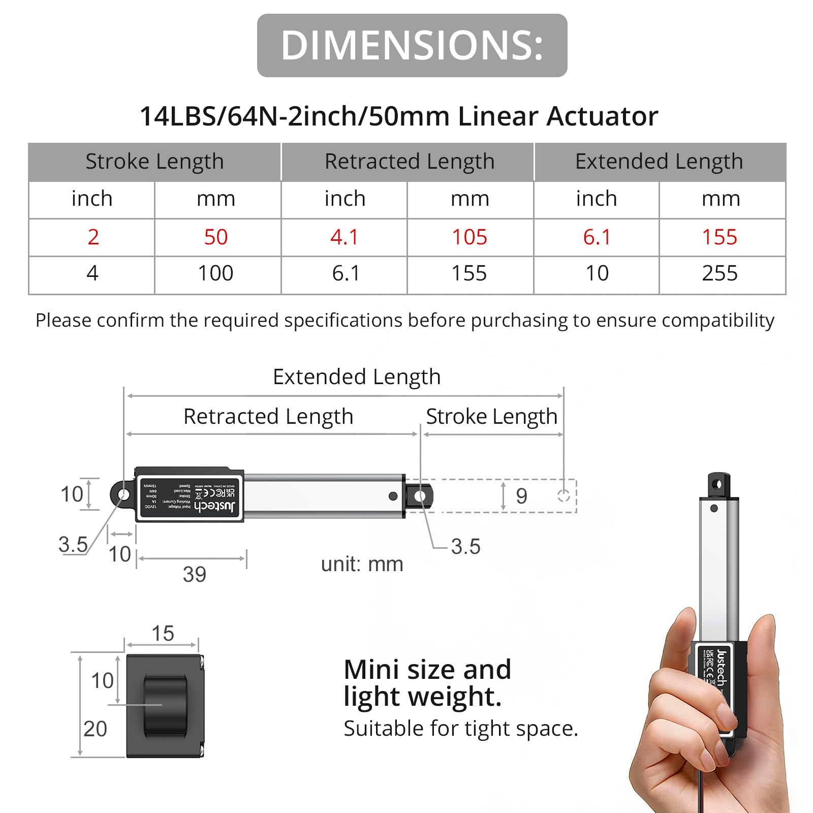 Justech 2"/50mm 64N/14.4lbs 12V Mini Linear Actuator IP54 Waterproof 15mm/s — Amazon image 3