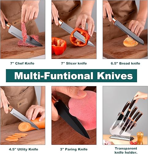 Miniatura 5 de Juego de cuchillos de cocina con bloque acrílico, 6 piezas de acero inoxidable de alto carbono afilados con revestimiento antiadherente, para chef,