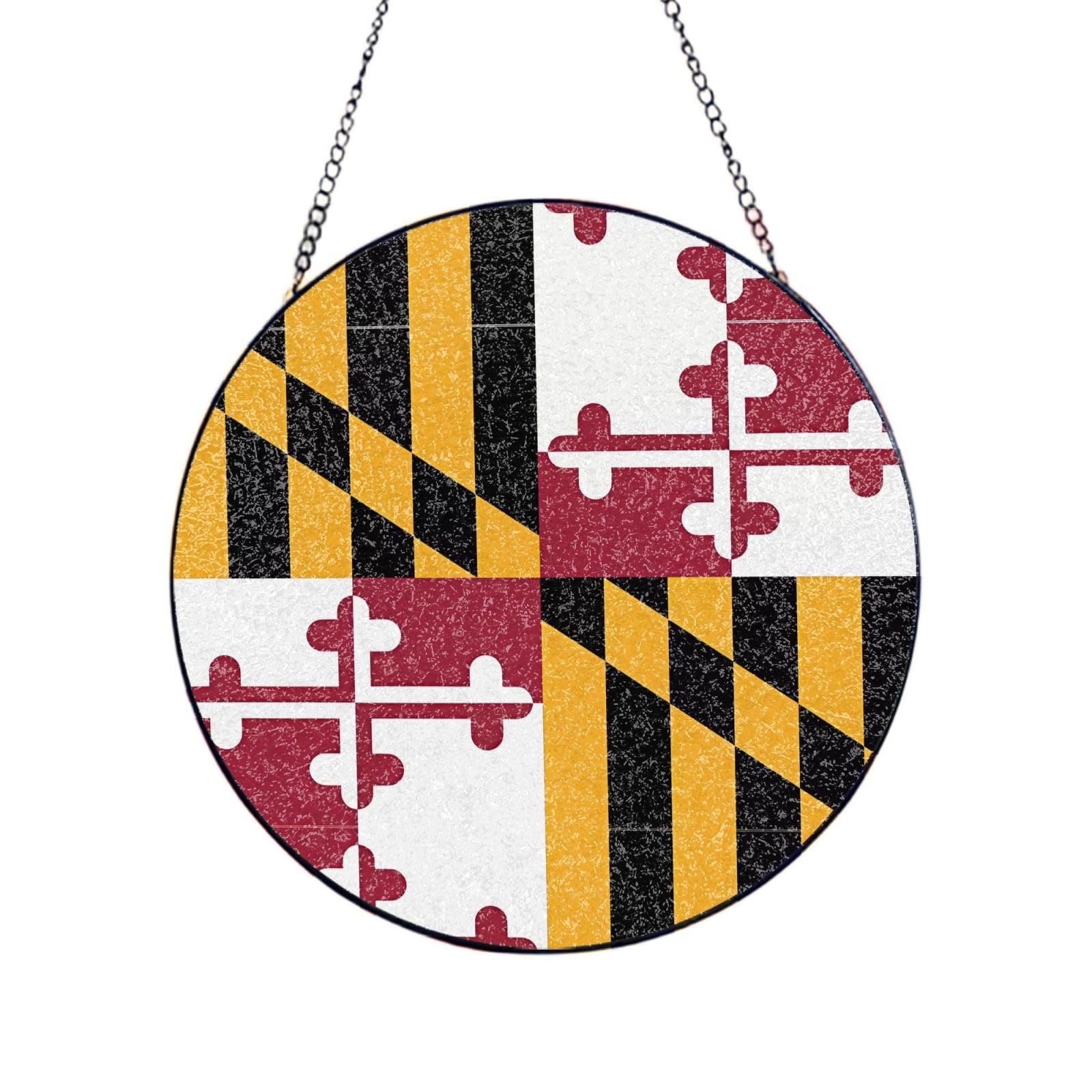 Phayah Flag Of Maryland Print Glass Window Hanging Round Suncatcher Glass Ornament Garden Wall Fence Decorations Indoor Outdoor 6in（15cm）