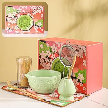8-Piece Matcha Ceremony Set - Tea Kit with Cherry Blossom Bowl, Bamboo Whisk, Wood Scoops, Tea Cloth & Floral Display - Gift-Ready Pink Cherry color box green