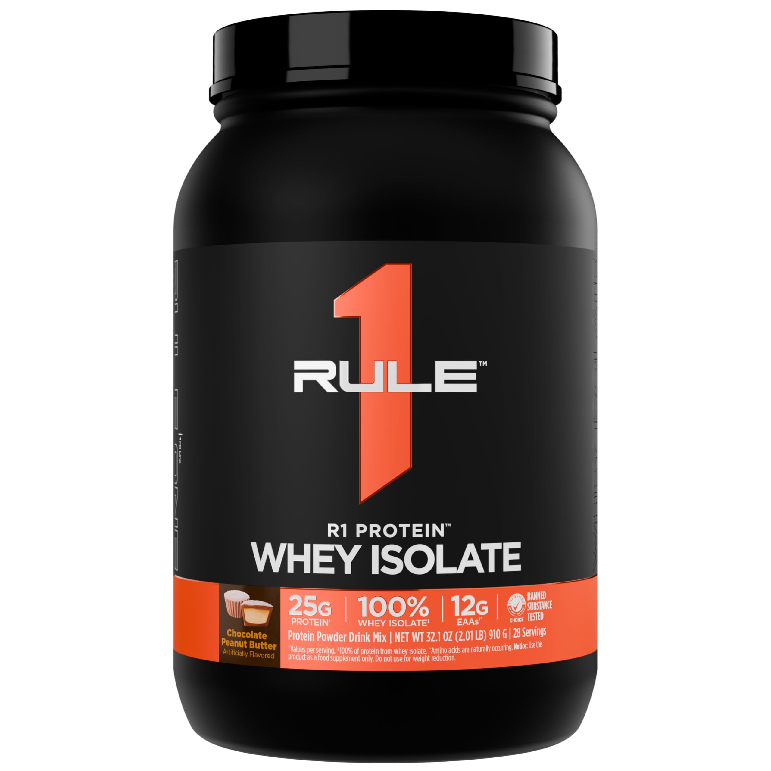 Rule1 One Proteins, R1 Protein - Chocolate Peanut Butter, 25g Fast-Acting, Super-Pure 100% Isolate and Hydrolysate Powder with 6g BCAAs for Muscle Growth Recovery, 2lbs