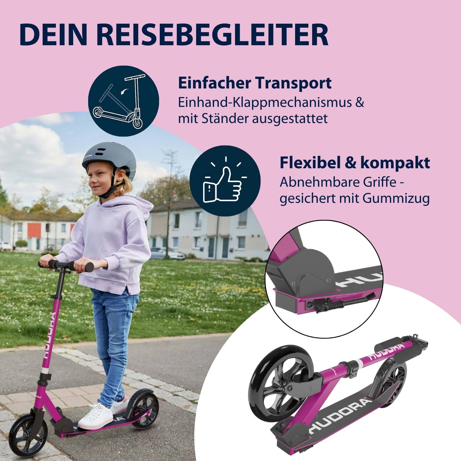 HUDORA Scooter Start 200, Stabiler Aluminium-Roller, Höhenverstellbarer & zusammenklappbarer Cityroller, Kinder- & Erwachsenenroller für bis zu 100kg, Solider Tretroller mit Ständer