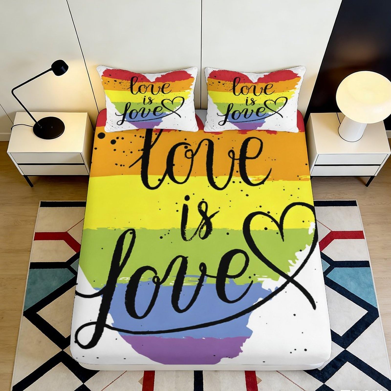 3D Printed Rainbow Heart Fitted Sheet Microfiber Soft Breathable Love Is Love Bed Cover for Bedroom Dormitory Guest Room Mattress Protection 140x200x25cm