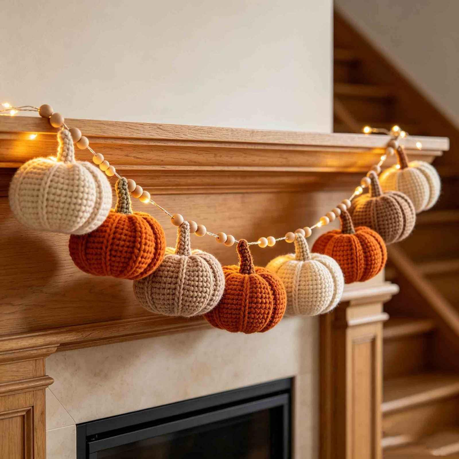 Fall Crochet Thanksgiving Pumpkin Garland with Lights, 200cm Length Knit Fall Harvest Pumpkin Farmhouse Thanksgiving Table Centerpiece, Autumn Hanging Garland for Halloween Decorations