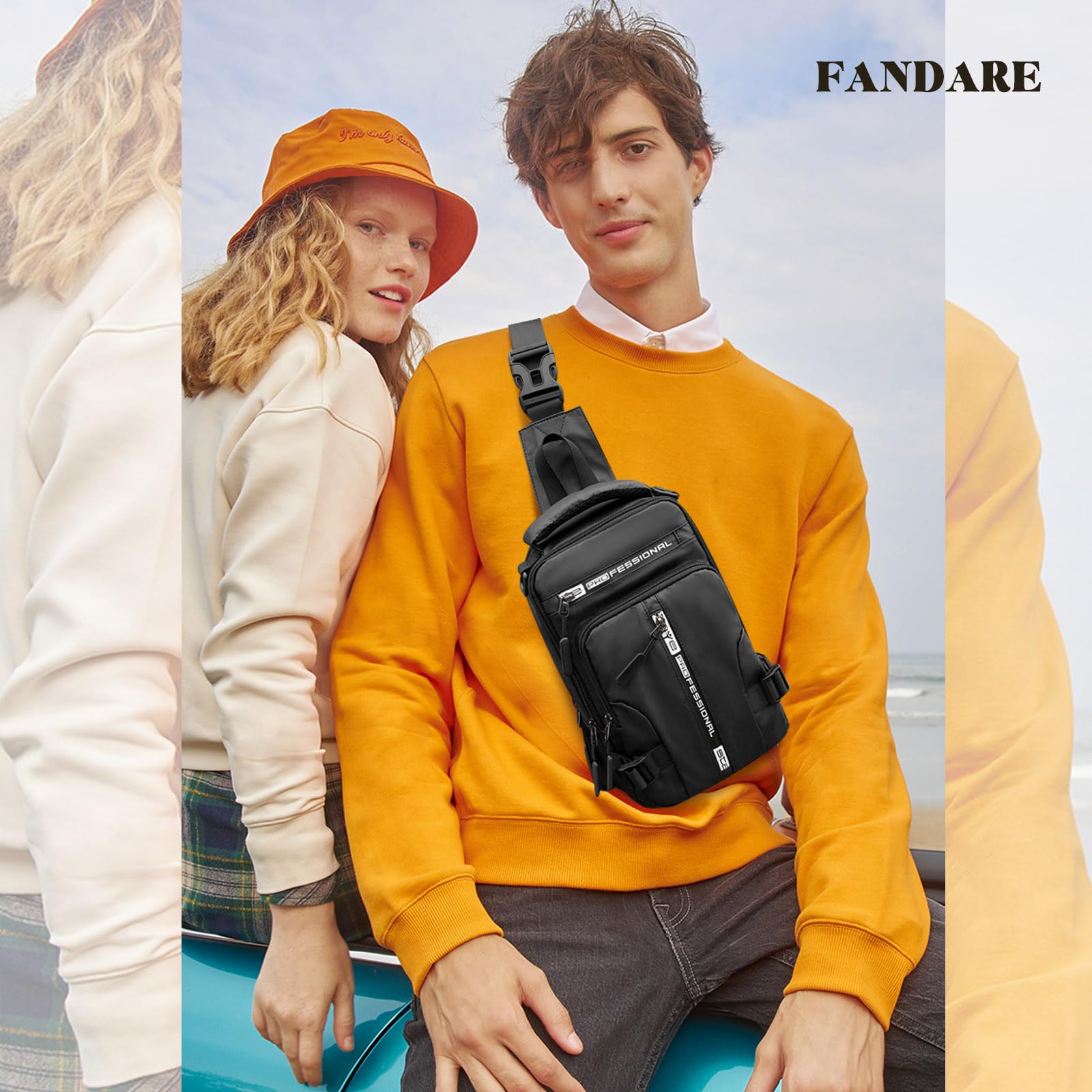 FANDARE Men Sling Crossbody Backpack Crossbody Bag for Men One Strap Motorcycle Chest Bag Cover Pack for Hiking Cycling Travel Outdoor Sport Small Casual Backpack with USB Charger Port Nylon Black - Image 2