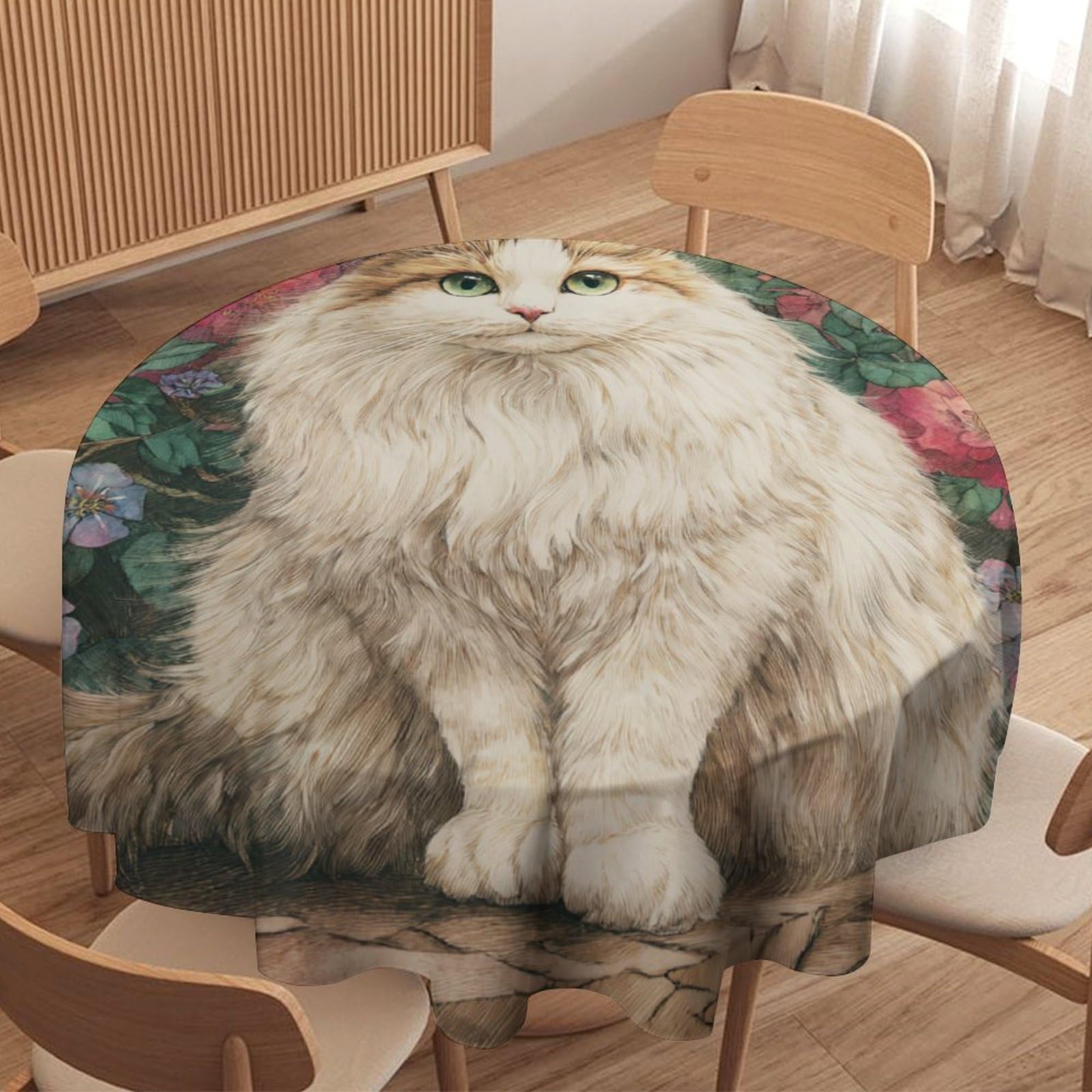 LUYYSKY Classic Rustic Cute Cat Waterproof Round Tablecloth Retro Watercolor Spring Garden Animals Kitten Pattern Washable Table Cover for Kitchen-91.4" Wx91.4 L cm