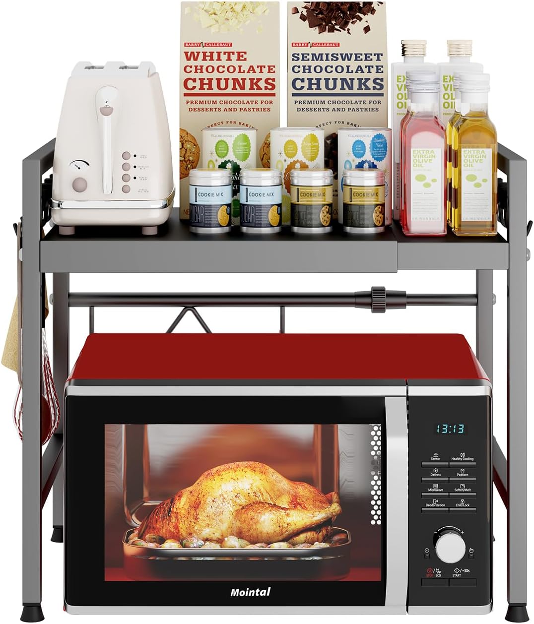 Ripiano Regolabile per Microonde da Cucina, Supporto per Microonde da Banco a 2 Livelli da Cucina, Acciaio al Carbonio in Piedi, Organizzatore di Stoccaggio ad Aria con 8 Ganci, Grigio