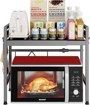 Adjustable Kitchen Microwave Shelf, 2 Tier Expandable Kitchen Countertop Microwave Stand Shelf, Standing Carbon Steel Microwave Holder, Air Fryer Rack Organiser with 8 Hooks, Gray | Carbon Steel, 2 Tier Microwave & Airfryer 8 kitchen hooks, rust-proof, easy to clean and stable on the counter