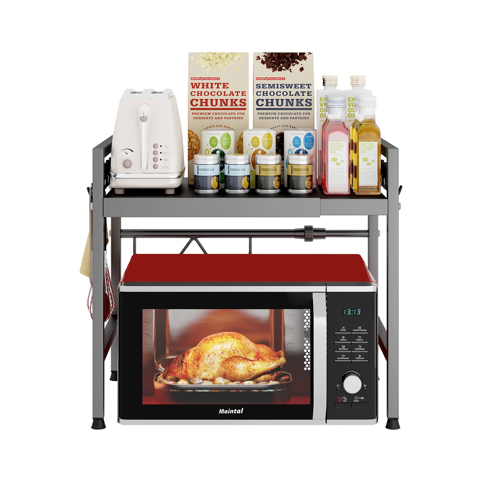 Mointal Einstellbare Küche Mikrowelle Regal, 2-Stufig Erweiterbar Küche Arbeitsplatte Mikrowelle Ständer Regale, Stehend Kohlenstoffstahl Mikrowelle Halter, Airfryer Regal mit 8 Haken, Grau