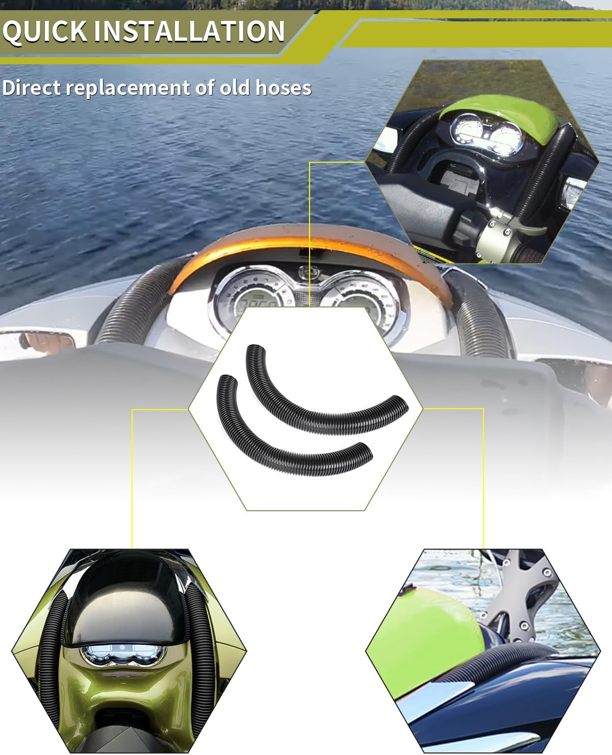 BRP RXP Hood Vent Hose Set for Sea Doo BRP RXP 2004-2023 Sea Doo BRP RXP-X 2012-2023, 2-Piece Black Flexible Tubing Steering Column Replacement Kit #291002489