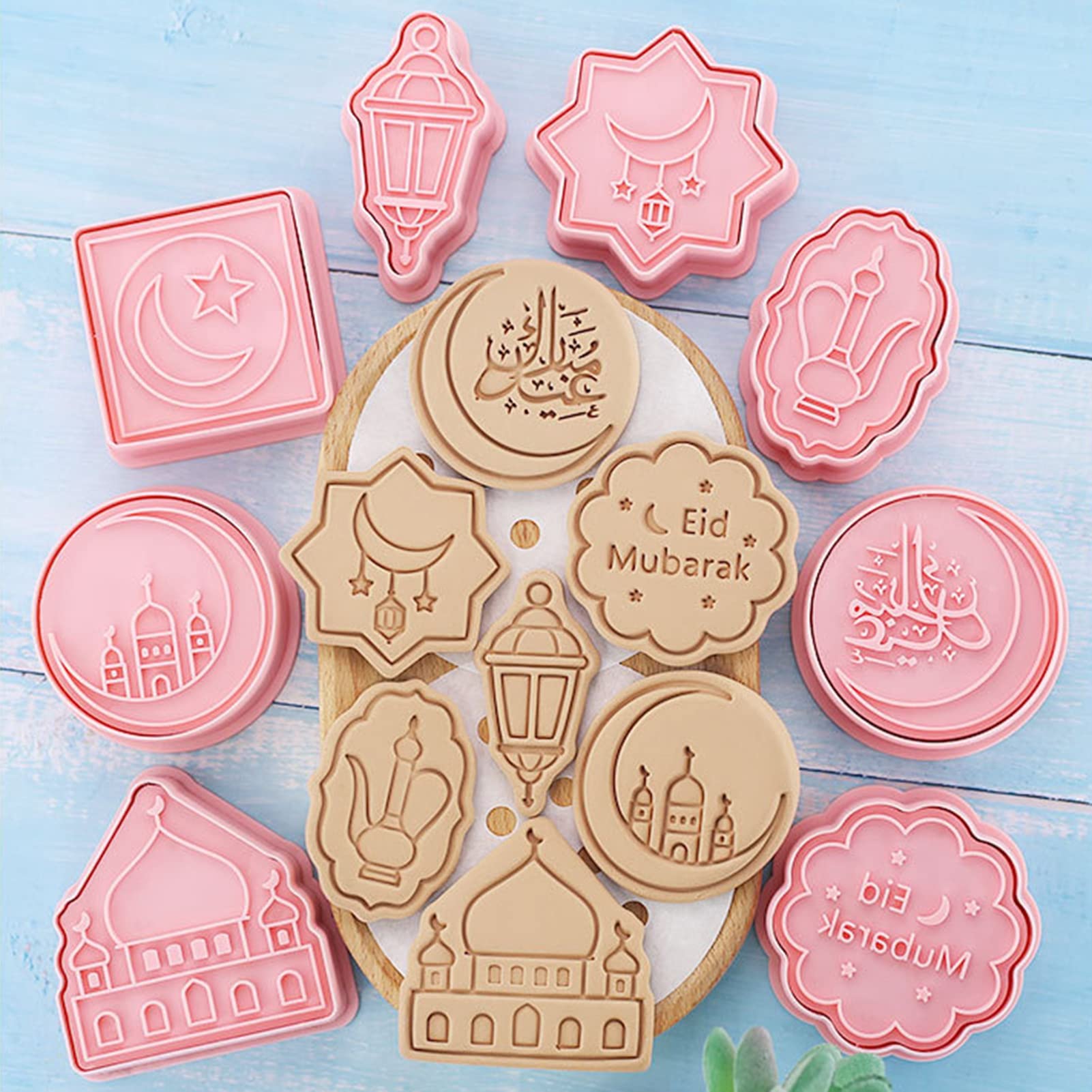 WINBST 8 stuks Eid koekjesvorm, DIY3D Ramadan islamitische moslim koekjesstempel koekjessnijder 3D koekjesvormen voor fondant cake koekje gebak fudge ramadan feestdecoratie