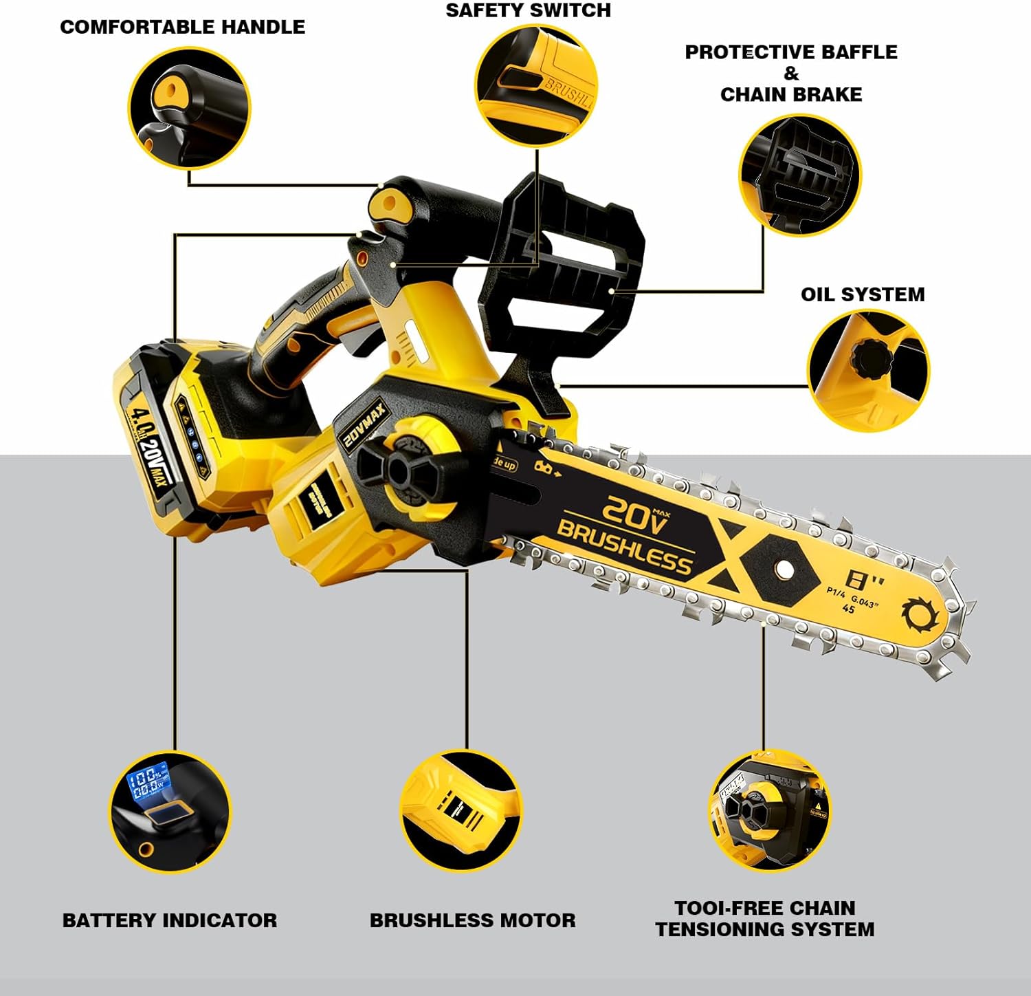 8 inch Chainsaw for Dewalt 20V MAX Battery, 2026 Upgraded Cordless Brushless Pruning Chainsaw with Oiling System & Chain Brake, Battery Powered for Wood Cutting (4.0Ah Battery Included) - Image 9