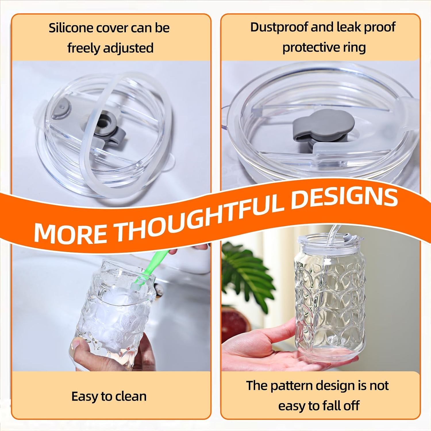 Jiuchen Glass Cups with Lids & Glass Straws 2PCS Set 18oz - Borosilicate Heat Shatter-Resistant Tumblers for Iced Coffee, Cold Brew, Bubble Tea, Smoothies & Juice, Includes Dual Cleaning Brushes