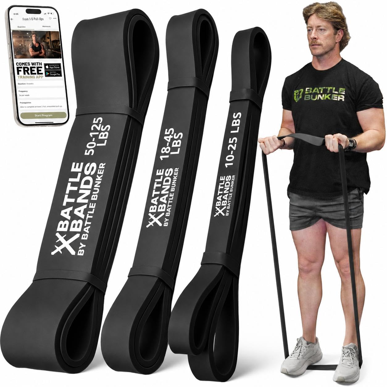 Battle Bunker Premium Resistance Bands - Natural Exercise Bands for Strength Training, Pull-Ups & Recovery - Fitness Band for Home, Gym & Mobility Workouts- Crush Your Goals Anytime- 3-Pack- 10-125lbs
