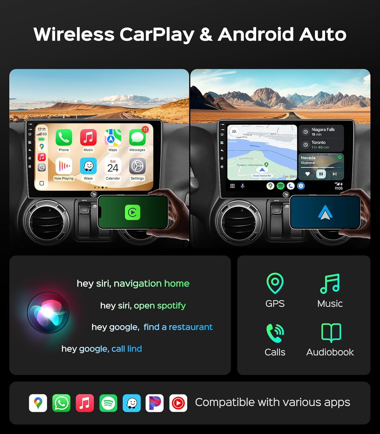 Car Radio Stereo for Jeep Wrangler JK Compass Grand Cherokee Dodge Ram 2009-2012 with Wireless CarPlay/Android Auto/Touch Screen/Android 13/GPS Navigation/HD Backup Camera (4 Cores 10“ 4+64G)
