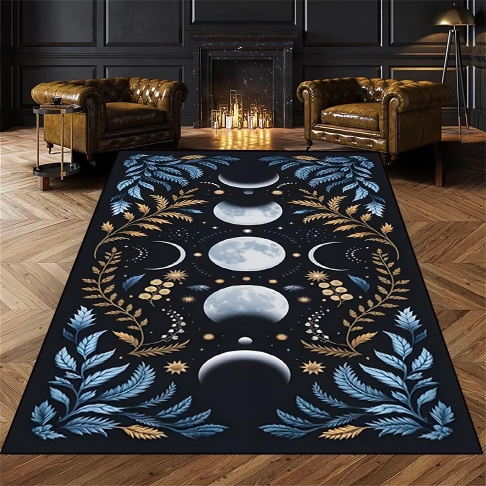 Vintage Leaf Area Rug, 180x300cm Black Moonlit Night Moon Phase Gothic Indoor Decor Rug, Witchcraft Rugs, Non-Slip Washable Botanical Print Carpet for Living Room Bedroom Dining Room Home Decor