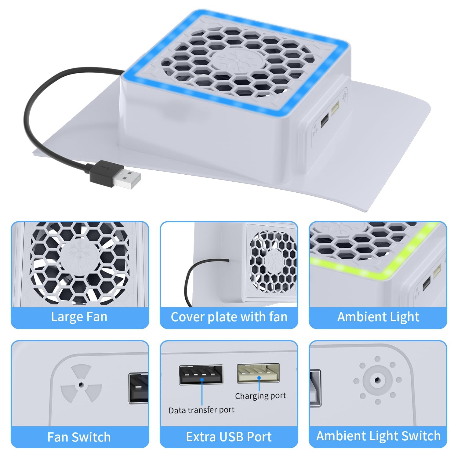 Ventilateur de refroidissement pour PS5 Slim Accessoires : affichage LED RVB Station de refroidissement pour PS5 Slim Disque/console numérique avec ports USB et ventilateur turbo haute