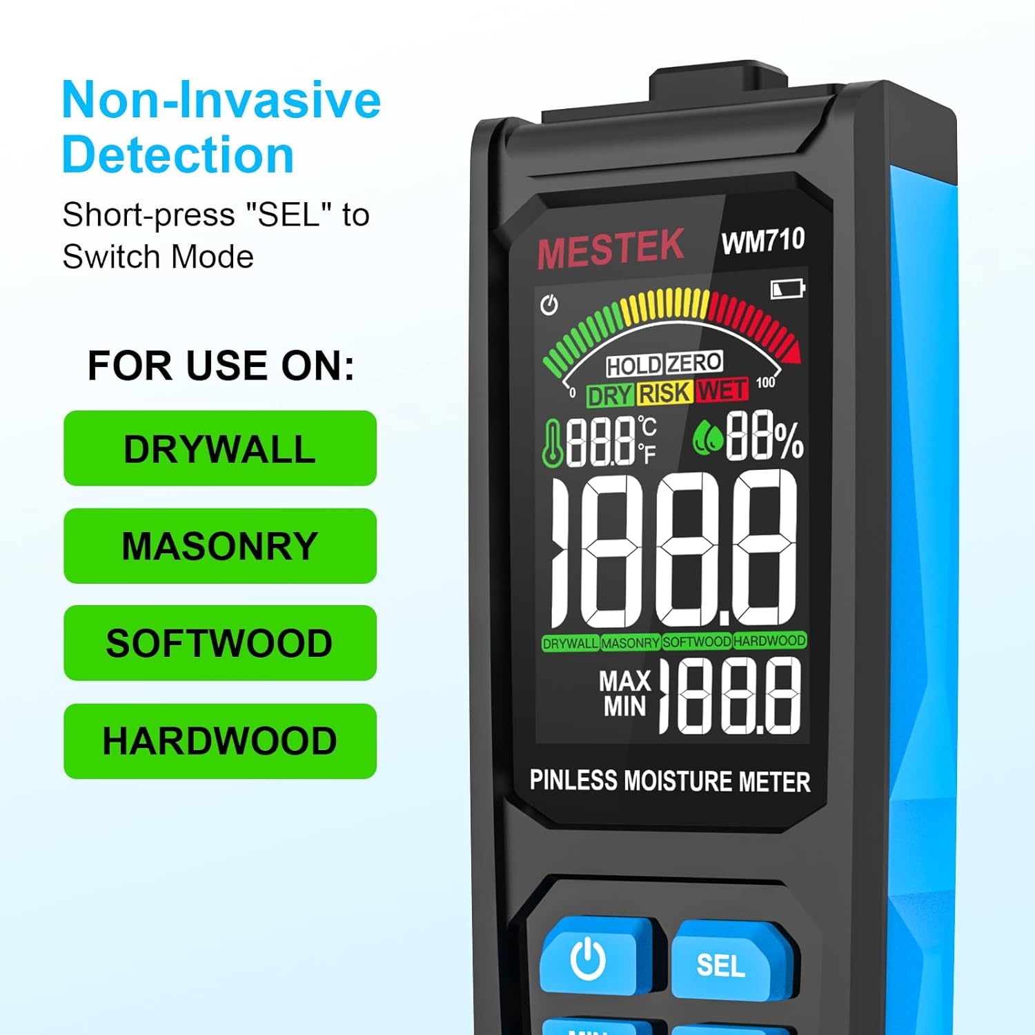 MESTEK Pinless Wood Moisture Meters for Drywall, Water Leak Detector, Wall Moisture Tester for Lumber Concrete Building, Wall Moisture Sensor Digital Humidity Tester for Firewood