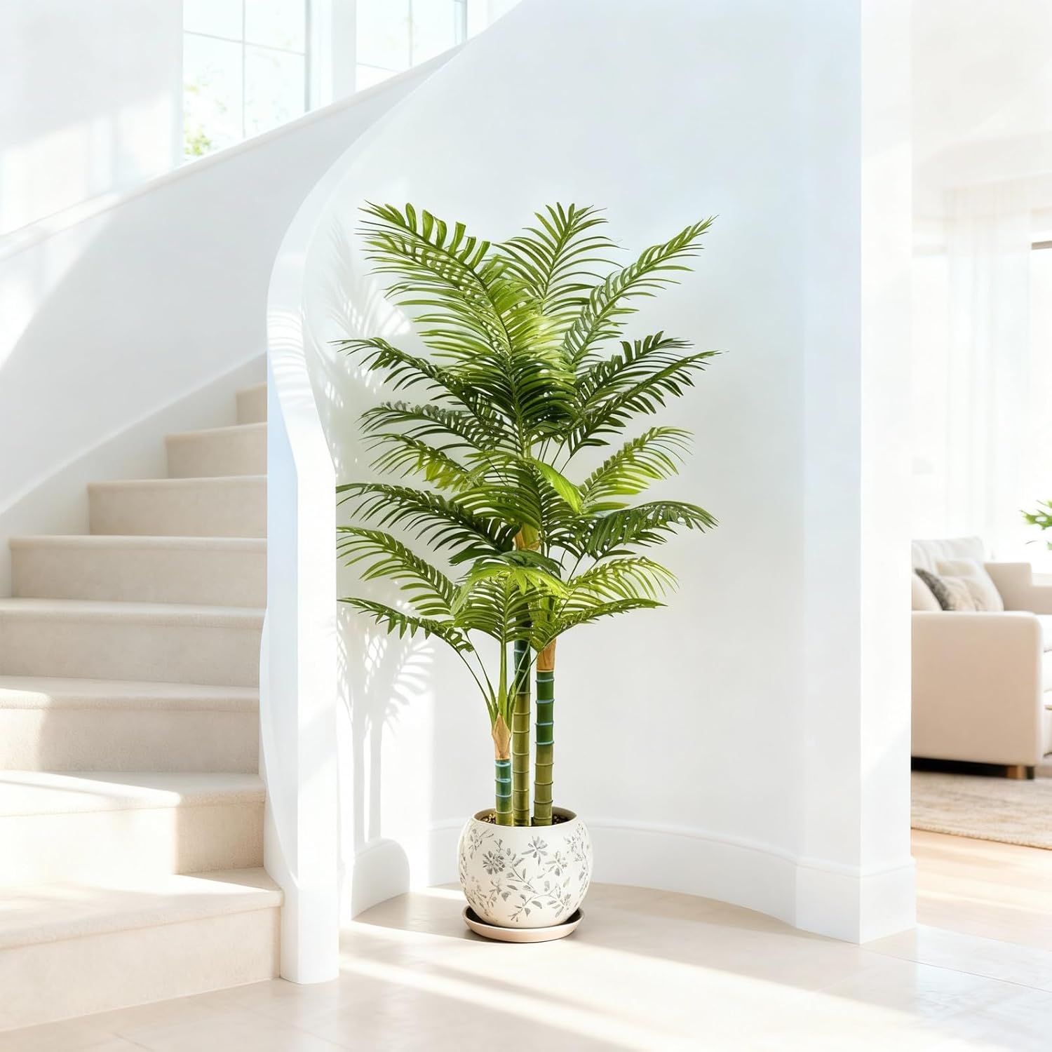 4FT Tall Golden Cane Artificial Palm Tree, Large Faux Palm Tree with 3 Textured Trunks, Outdoor Artificial Plants, Fake Tree for Indoor Office Living Room Outside Patio.