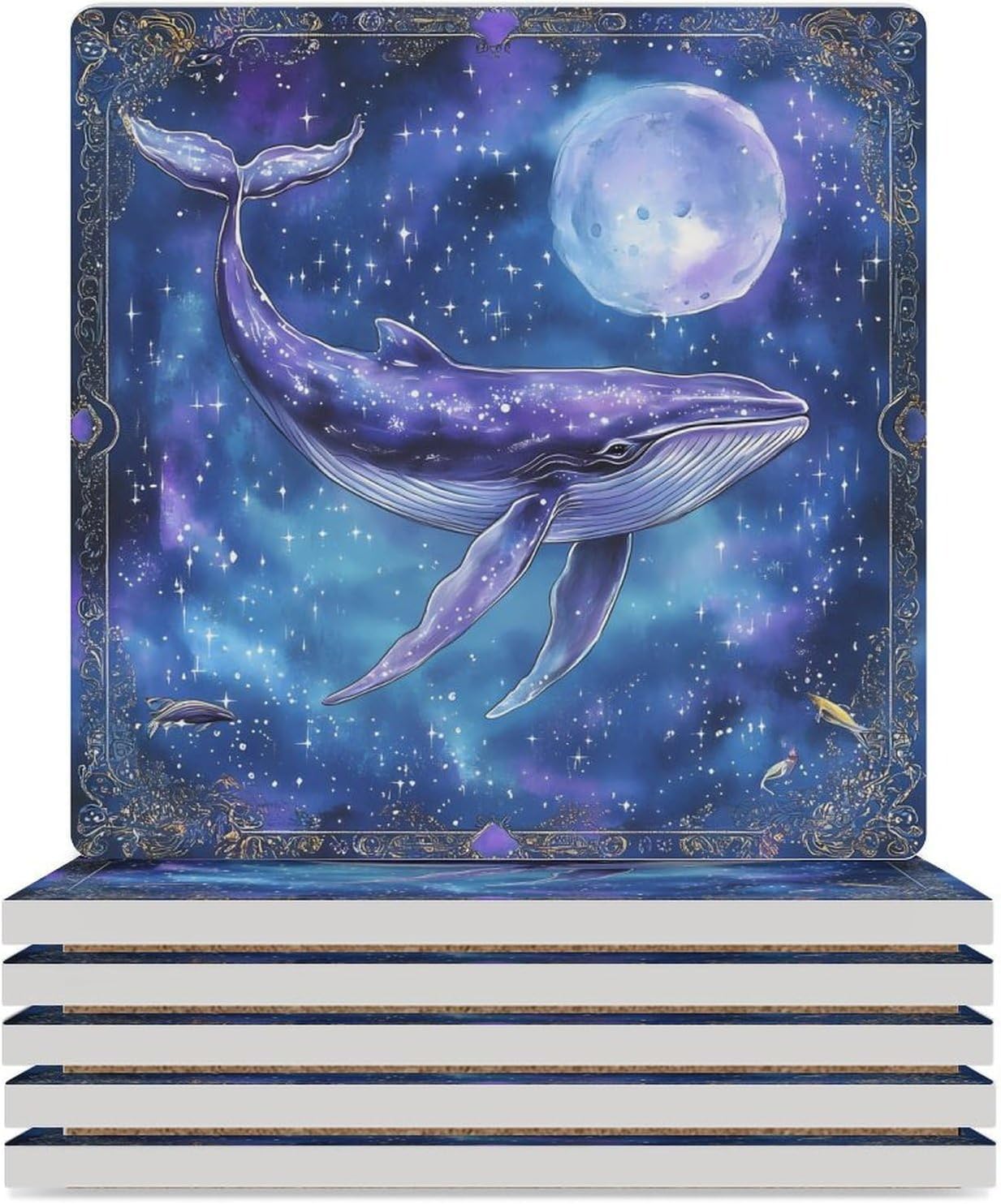 Humpback Whale Moon Print Ceramic Coasters Set Square Drink Coasters Table Coaster for Kitchen Desktop Decor