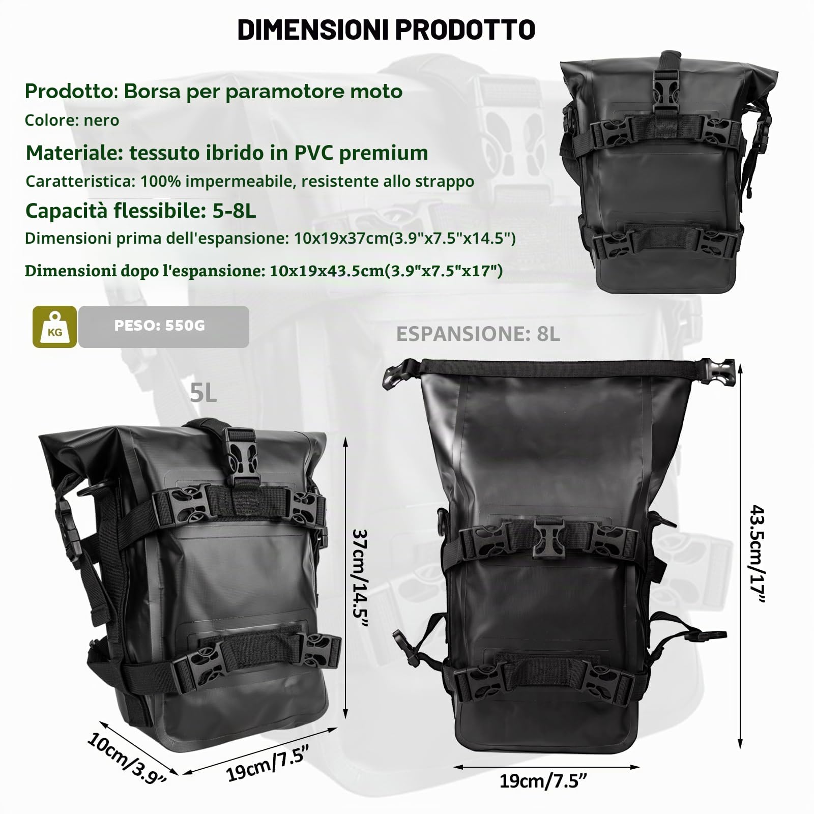Borsa da Serbatoio per Moto Impermeabile 8L - Bagaglio da Viaggio Motociclette Guida Sportiva all'aperto Escursionismo Campeggio Equipaggiamento Durevole con Cinghie Regolabili Tracolla(Nero)