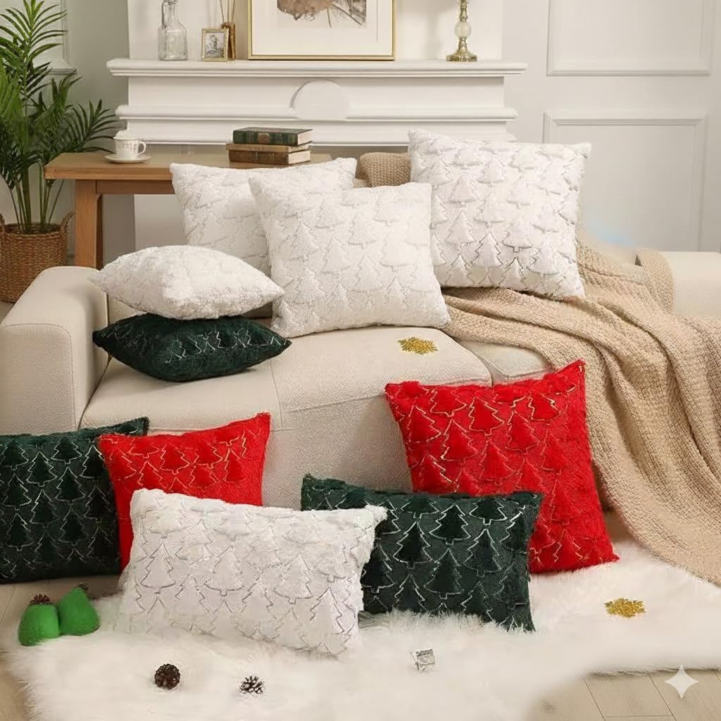 Textured Decorative Pillow Covers, 2 Pack 20x20 Inch White Minimal Nordic Tree Pattern Cushion Covers, Soft Plush Fabric with Zipper for Sofa Couch Bed Home Decor
