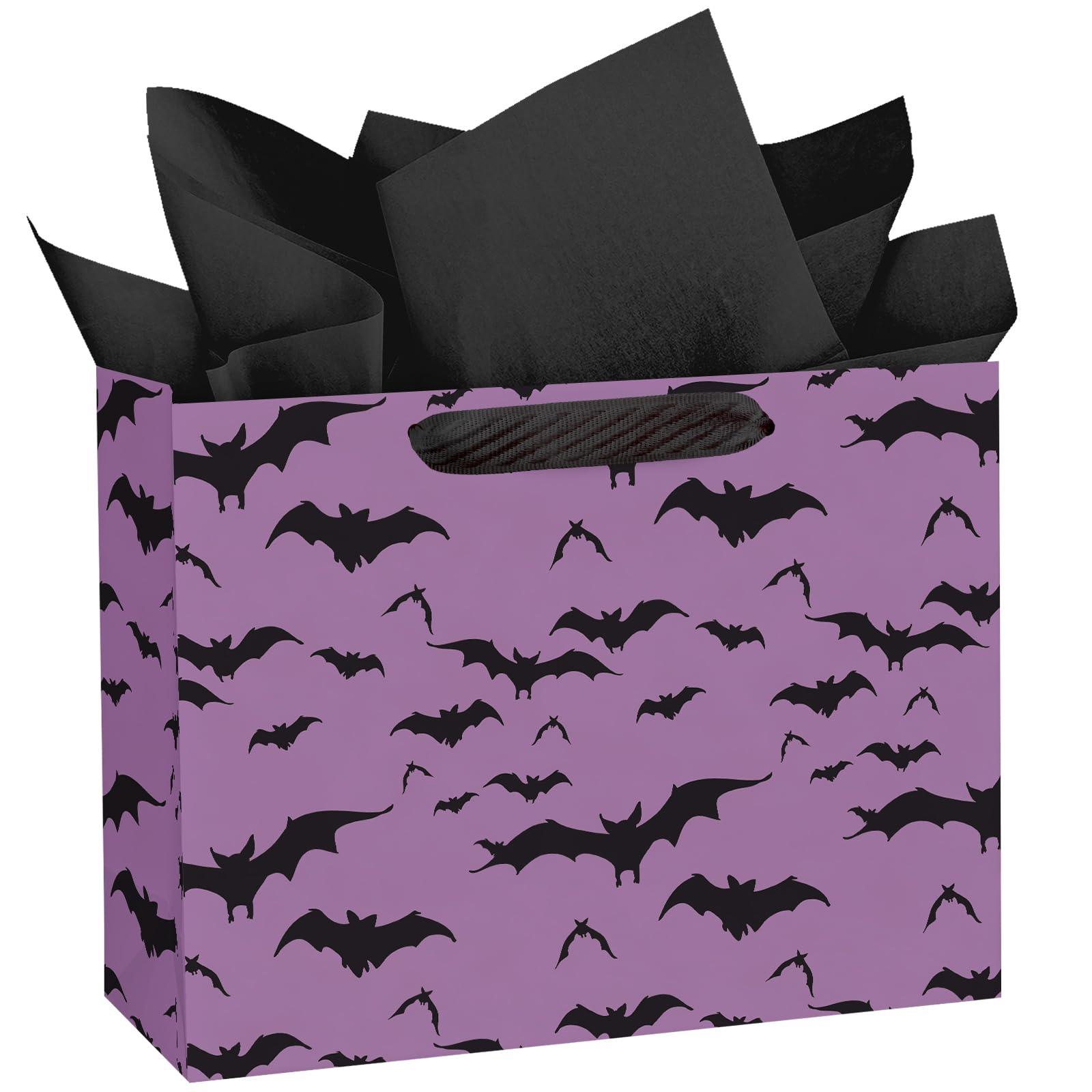 Loveinside 13" Large Halloween Bat Gift Bag with Tissue Paper - Purple and Black Bat Paper Bag, Perfect for Halloween Party, Spooky Themed Event and Holiday Gift