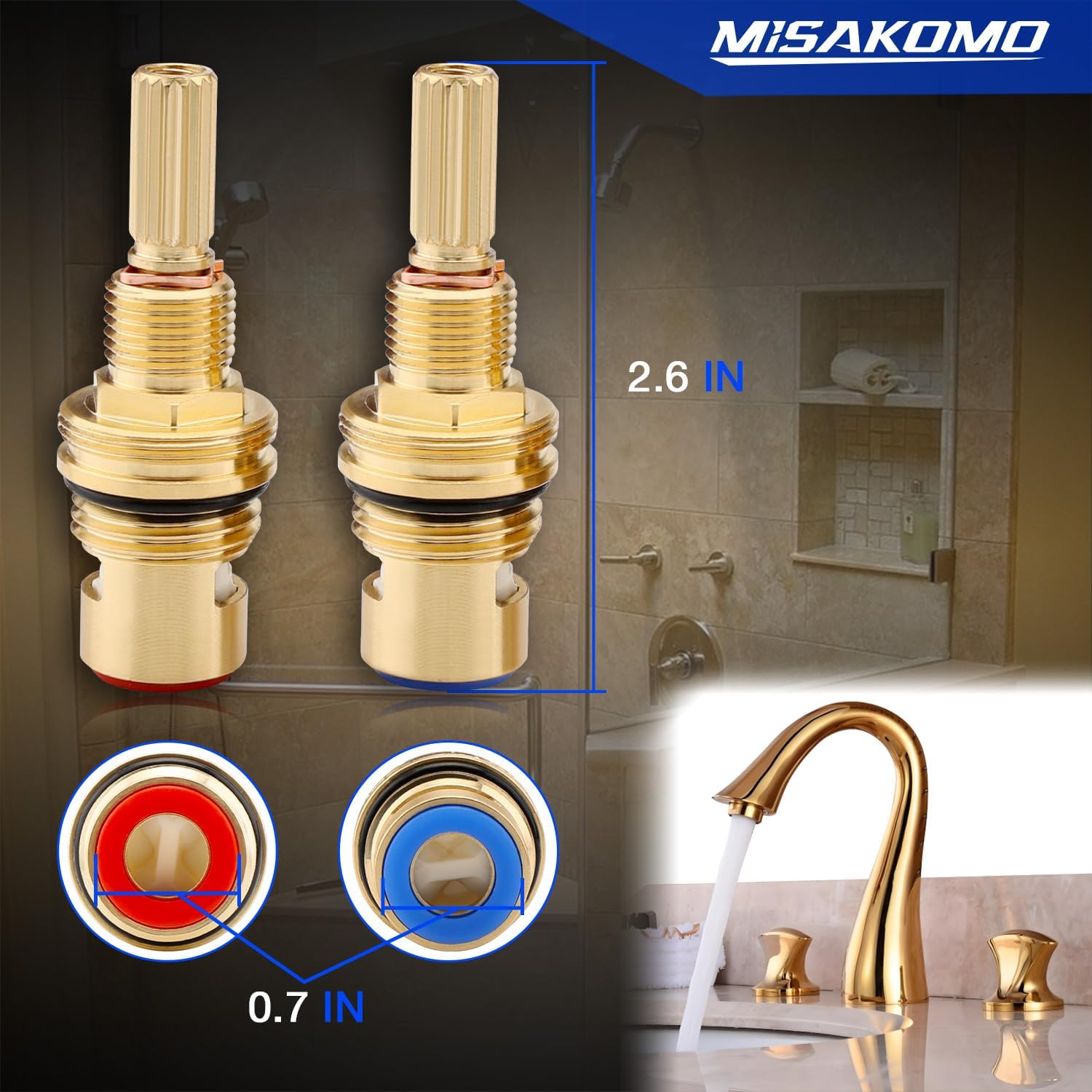 Brass 1-001 & Brass 1-002 Ceramic Valve Cartridge Set Compatible with Cold Widespread Cartridge and Hot Widespread Cartridge, Brass Construction - Image 4