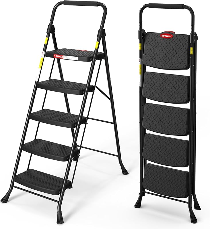 Escalera de mano, escalera de 5 pasos con pedal antideslizante ancho | Capacidad de 225 libras, escalera de mano plegable de 5 pasos para el hogar y la cocina, negro