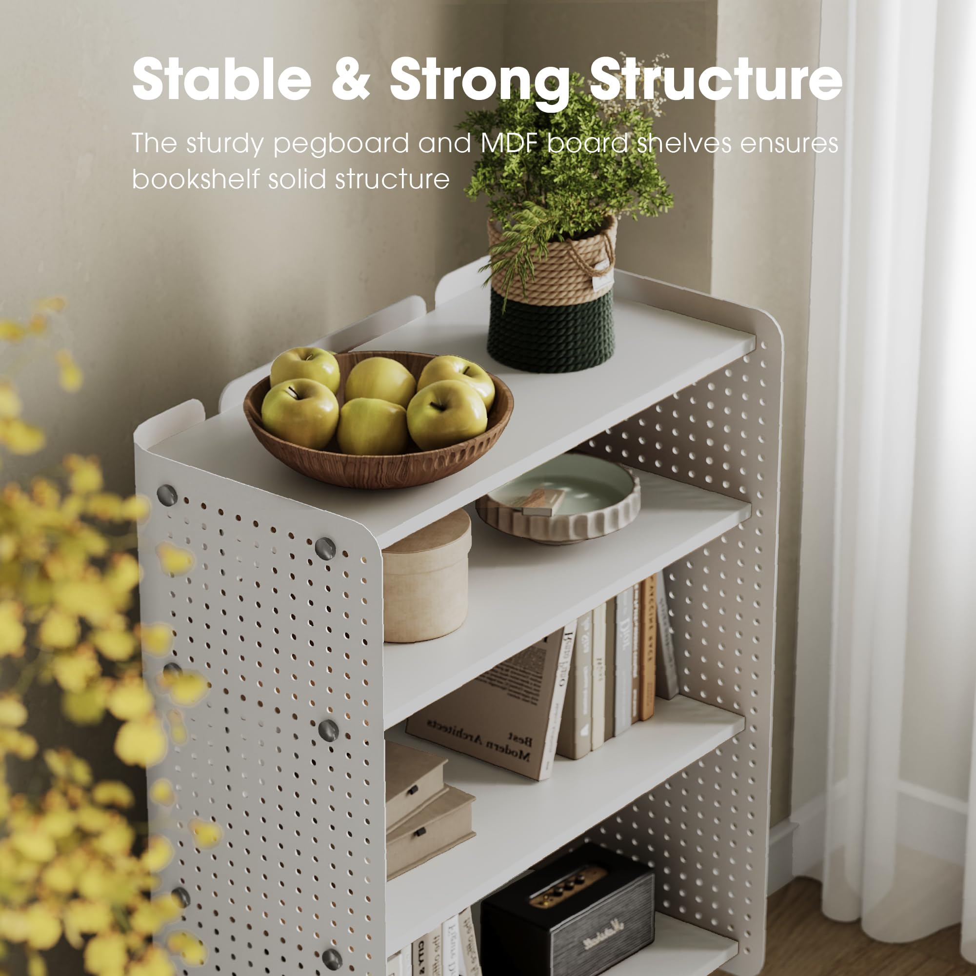 Fenge 4 Etagen Bücherregal Modern Lagerregal mit Pegboard Multifunktionales Lagerschränke mit Verstellbarem Regal für Wohnzimmer, Schlafzimmer, Heim, Büro (Weiß)