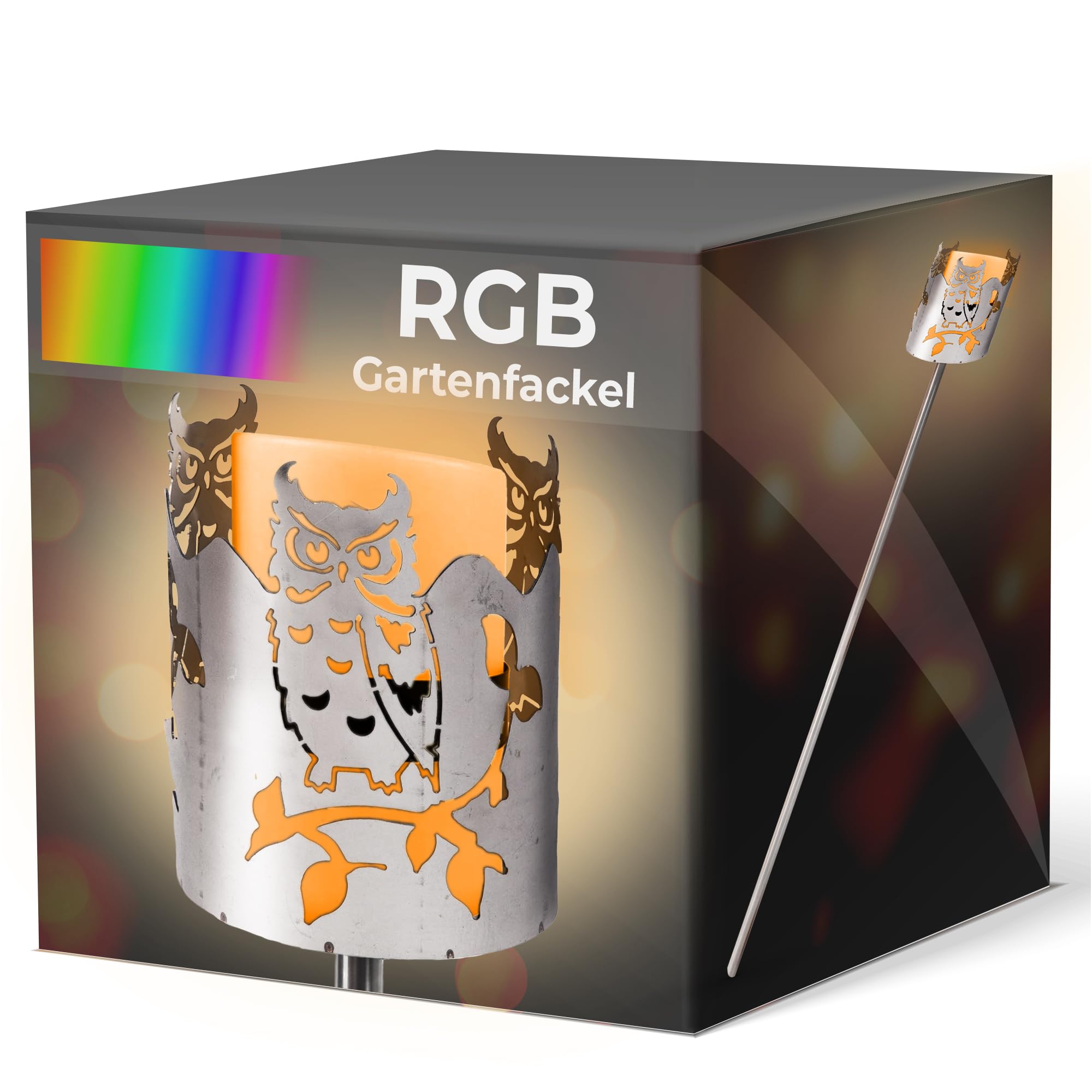 Gartenfackel RGB LED Leuchte Motiv Eule - Rost Lampe Gartenlampe RGB LED Leuchte für draußen Gartenleuchte Fackel Garten
